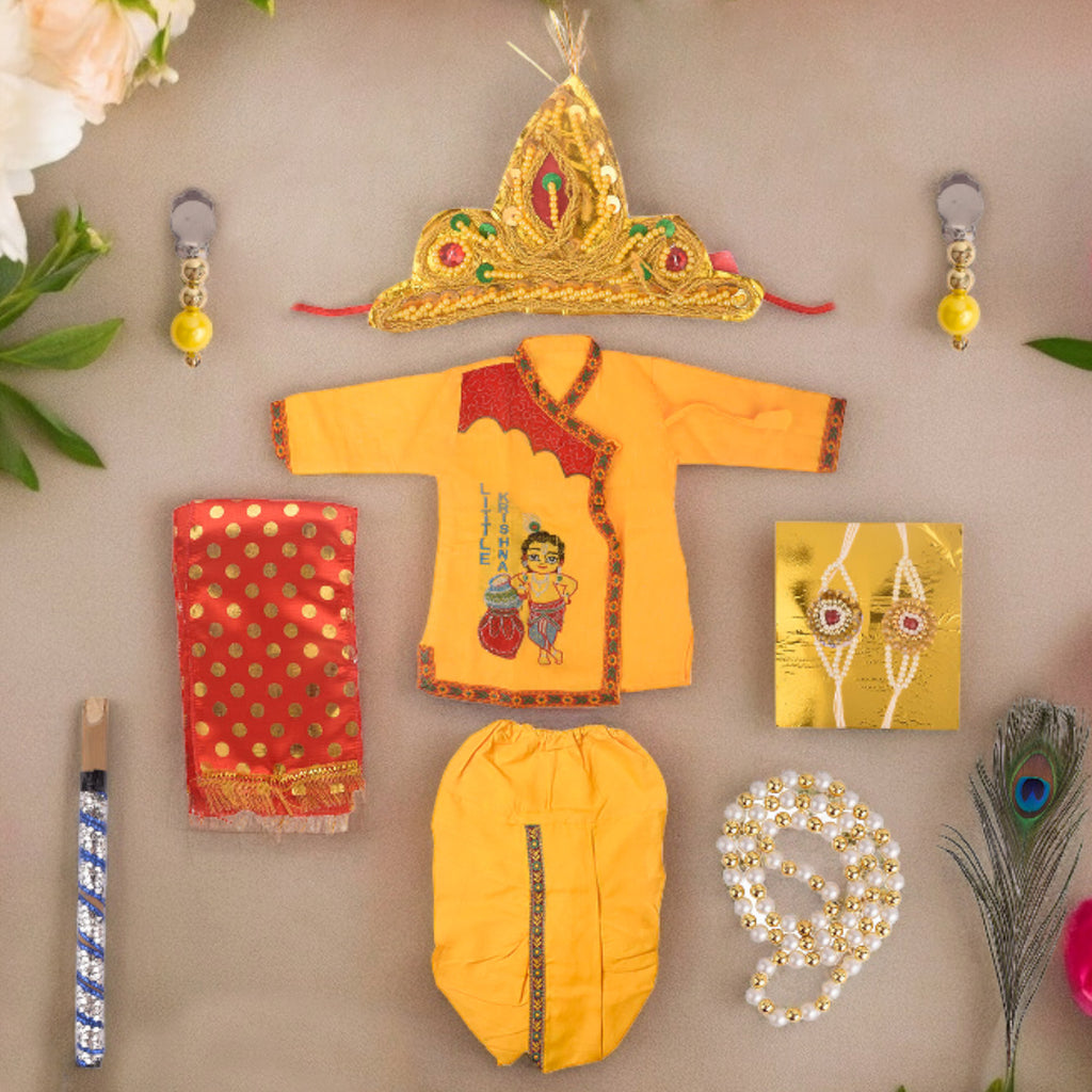 Kids Krishna Yellow Dhoti Kurta with Jewellery Set – India’s Largest Pooja Accessories Brand – www.satvikworld.com