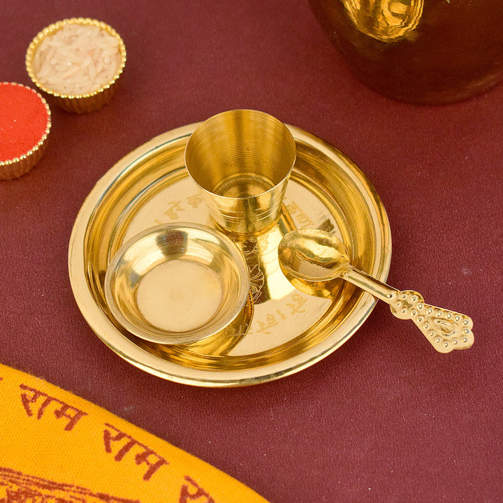 4 Pc Embosed Ladoo Gopal Pooja Bhog Thali Set – Traditional Aarti Plate for Home, Temple, and Festive Rituals | satvikworld.com