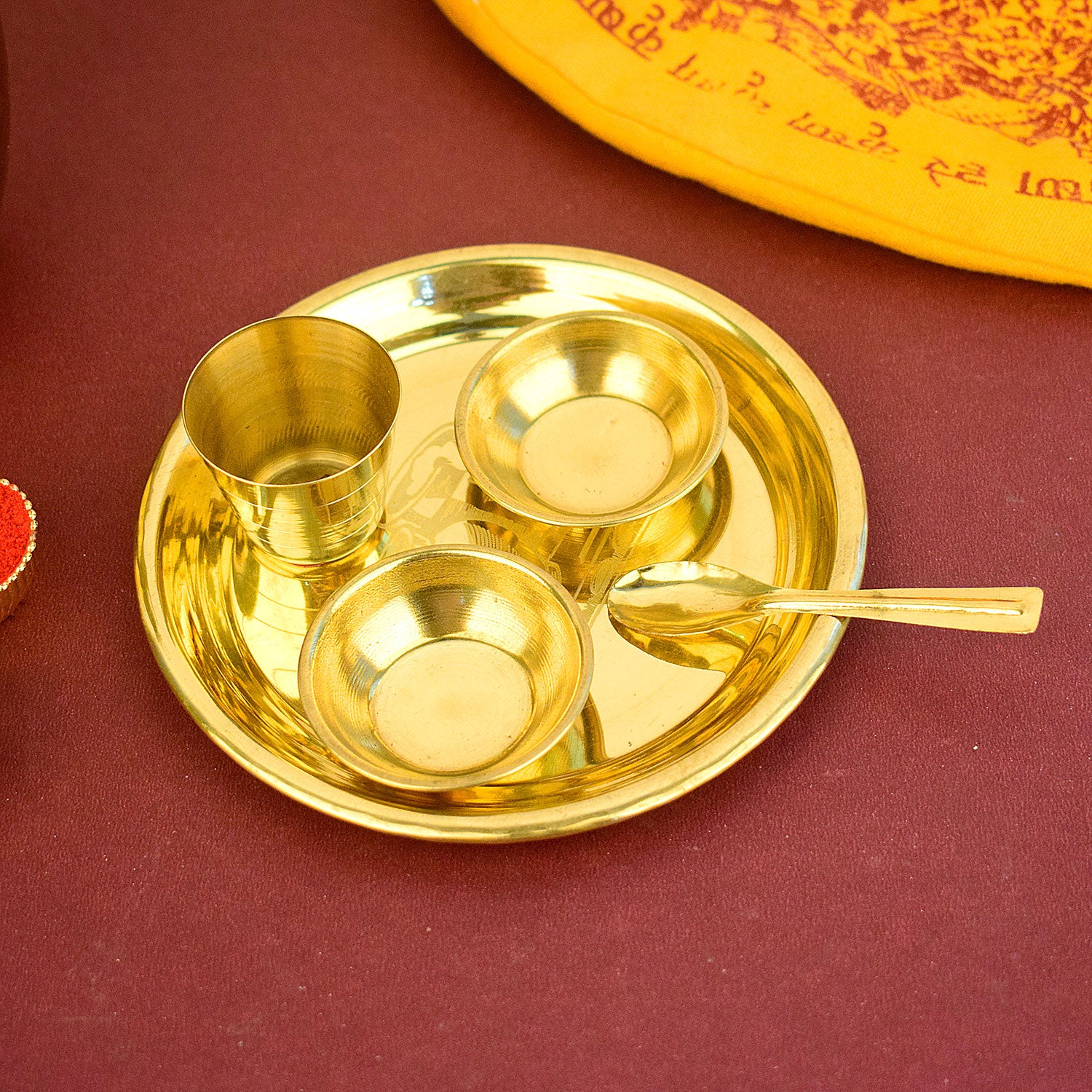Large Laddu Gopal Bhog Thali Set (5-6 Inch) featuring vibrant Matki printed design, ideal for pooja and bhog offerings. India’s Largest Pooja Accessories Brand – www.satvikworld.com
