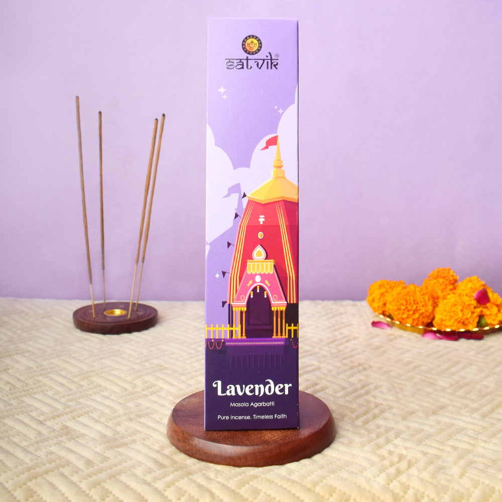 Lavender Pure Masala Incense Sticks box for relaxation, aromatherapy, and meditation. India’s Largest Pooja Accessories Brand - www.satvikworld.com