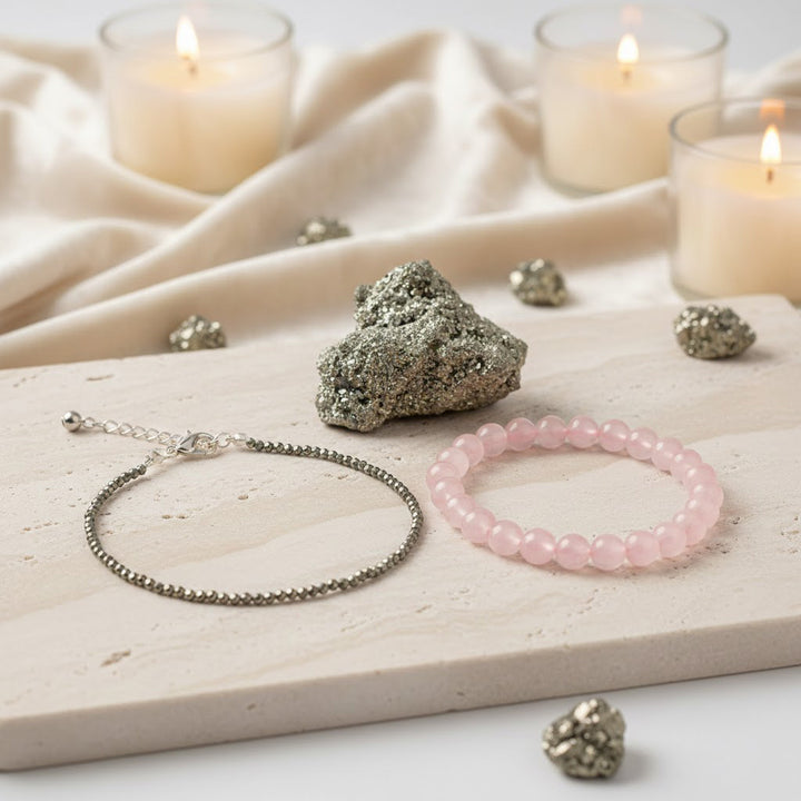 pyrite anklet rose quartz bracelet pyrite stone love wealth positive energy combo. India’s Largest Puja Accessories Brand- www.satvikworld.com