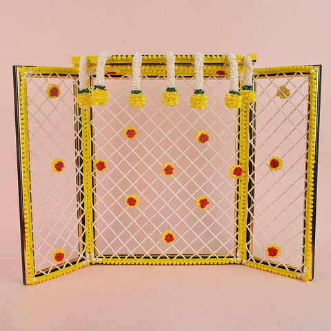 5 Inch Magnificent Ganesha Phool Bangla in bright yellow floral theme, perfect for large Ganesh idol decoration and mandap setups. India’s Largest Pooja Accessories Brand – www.satvikworld.com