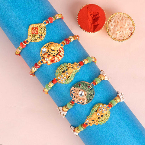 Set of 5 Designer Rakhi Threads with Roli Chawal and Ram Sita Stickers for Raksha Bandhan Celebration. India’s Largest Pooja Accessories Brand - www.satvikworld.com