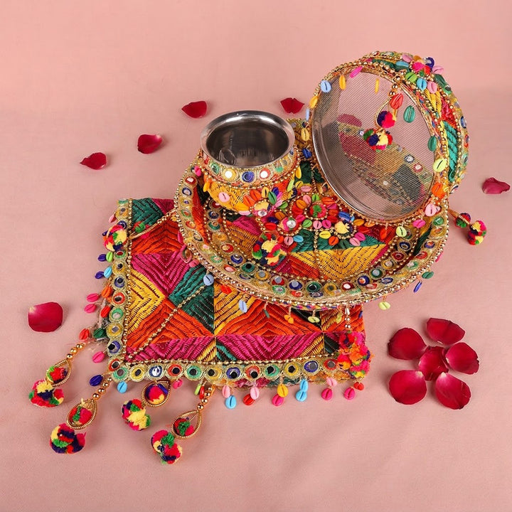 Multicolor Thread Work Karwa Thali Set | India’s Largest Pooja Accessories Brand – www.satvikworld.com