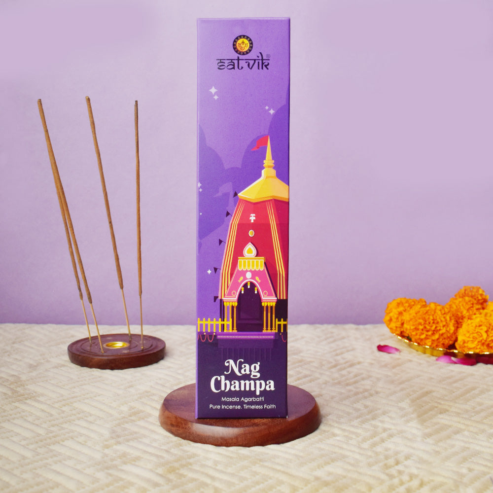 Nag Champa Pure Masala Incense Sticks pack for pooja, meditation, and spiritual aroma. India’s Largest Pooja Accessories Brand - www.satvikworld.com