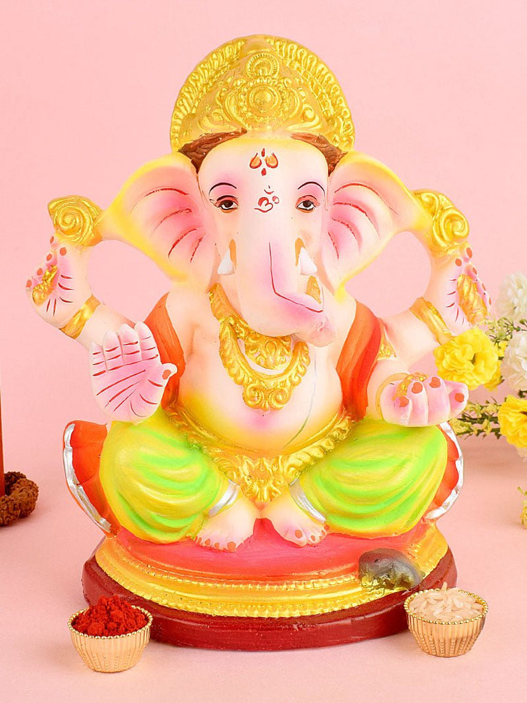 8.5 inch Nandana Eco-Friendly Ganesha idol in Padmasana pose, handcrafted from natural Shadu clay and painted in eco-friendly vibrant colors. India’s Largest Pooja Accessories Brand – www.satvikworld.com