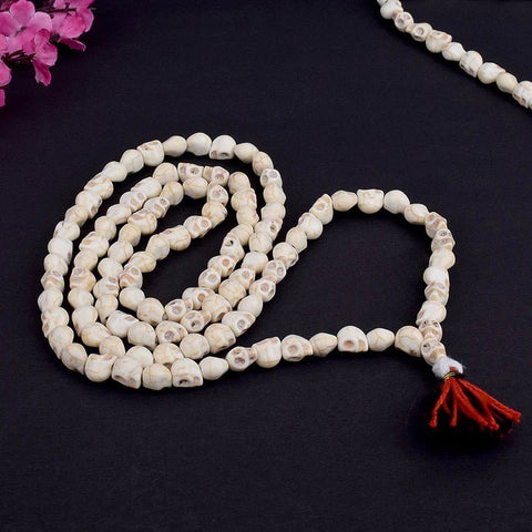 Narmund Jaap Mala made of skull-shaped beads for Tantra and Aghori Sadhana rituals, used in spiritual practices and Shiv worship.India’s Largest Pooja Accessories Brand – www.satvikworld.com