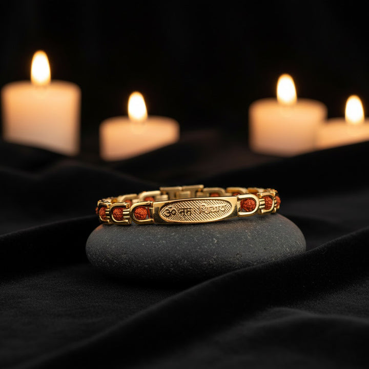 Certified Om Namah Shivay gold plated bracelet with premium IGP coating – adjustable spiritual bracelet dedicated to Lord Shiva. India’s Largest Pooja Accessories Brand - www.satvikworld.com