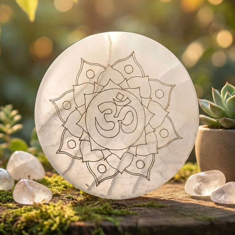 Om engraved salenite plate for crystal cleansing and spiritual energy. India’s Largest Puja Accessories Brand- www.satvikworld.com