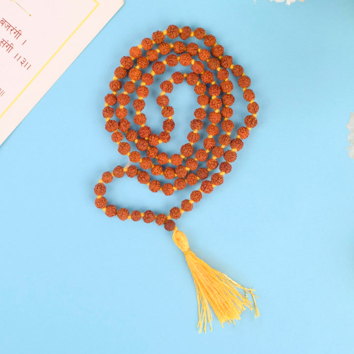 cmade with 5mm natural Rudraksha beads, perfect for meditation, mantra chanting, and daily spiritual practices. Encourages focus, calmness, and inner strength. India’s Largest Pooja Accessories Brand – www.satvikworld.com