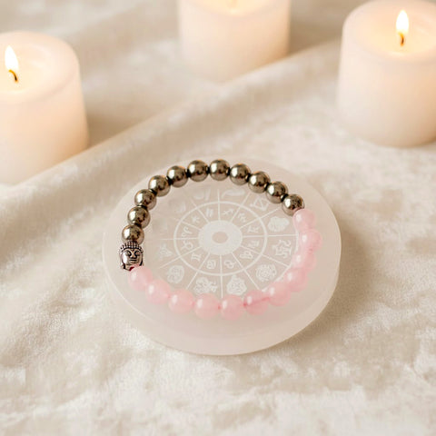 rose quartz buddha with golden pyrite bracelet and selenite zodiac crystal recharging plate peace prosperity combo. India’s Largest Puja Accessories Brand- www.satvikworld.com