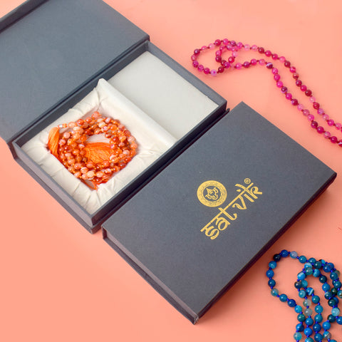 Premium Hakik Jap Mala with Orange Carnelian Beads – A Spiritual Meditation Mala for Confidence, Creativity, and Energy Boost. India’s Premium Hakik Jap Mala Store - www.satvikworld.com
