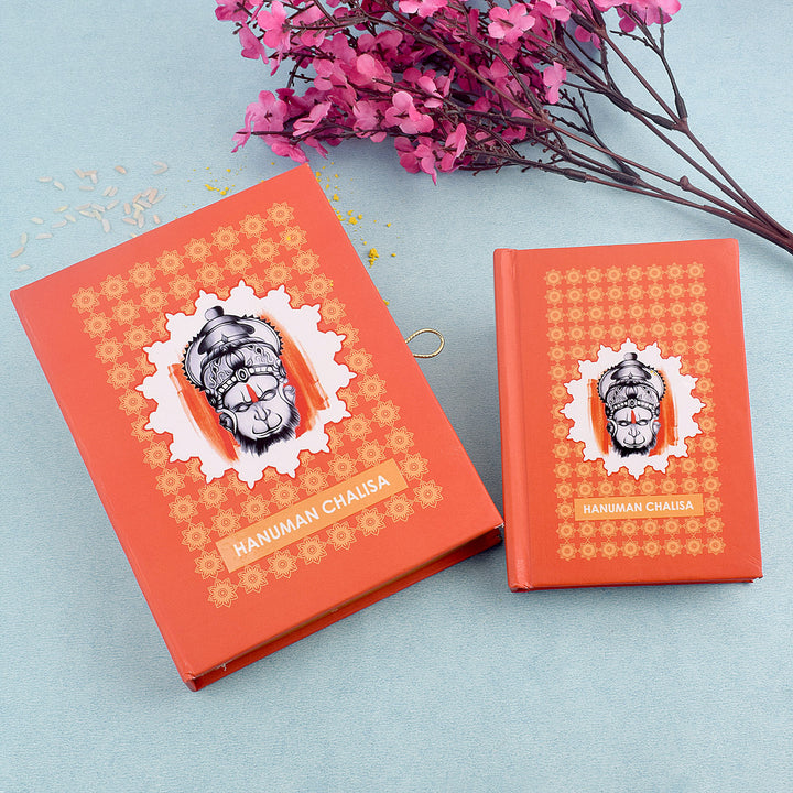 Cover of the "Premium Hanuman Chalisa Book" featuring an artistic image of Lord Hanuman, elegantly designed for devotional reading and daily recitation. India’s Largest Pooja Accessories Brand – www.satvikworld.com