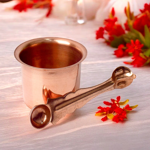 Premium pure copper Panch Patra set with puja glass and spoon for Hindu rituals, worship, and spiritual ceremonies. India’s Largest Pooja Accessories Brand – www.satvikworld.com