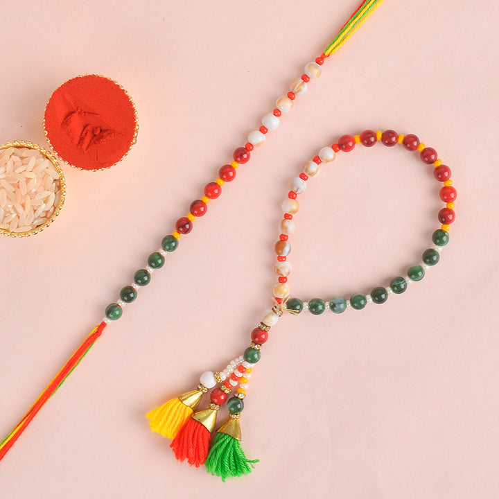 Designer Couple Rakhi Set for Bhaiya and Bhabhi with Roli Chawal and Ram Sita Stickers – Raksha Bandhan Gift Combo. India’s Largest Brass Idols Brand - www.satvikworld.com