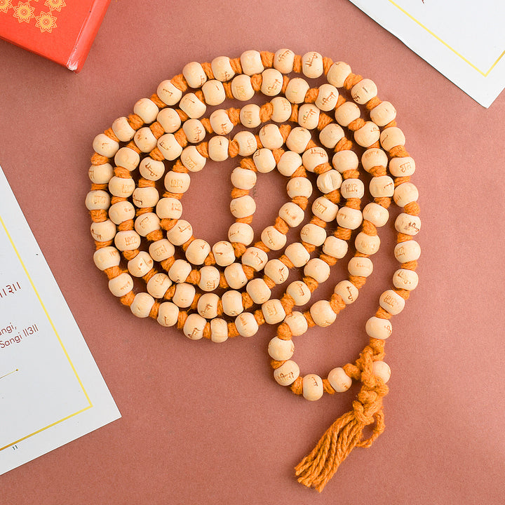 Ram Sita White Wooden Jaap Mala with 108 beads, designed for spiritual practices, mantra chanting, and meditation. Crafted from high-quality white wood, this mala symbolizes devotion and purity. India’s Largest Pooja Accessories Brand – www.satvikworld.com