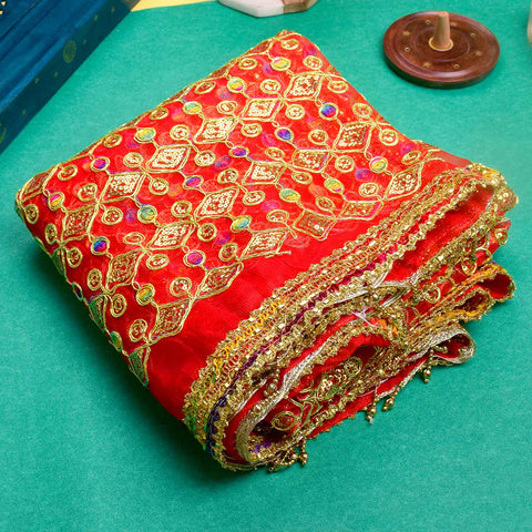 Traditional Pink Pooja Chunri with Golden Embroidered Design – 103x190 cm (40.5x74.8 inches), perfect for Hindu rituals, temple decor, and festive celebrations like Diwali and Navratri in the USA.