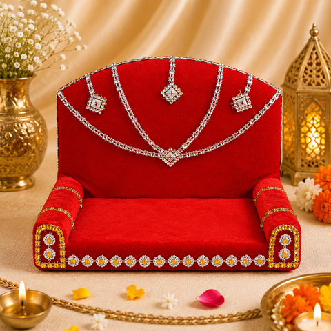 Royal Throne – Red Velvet Laddu Gopal Singhasan with Silver Detailing