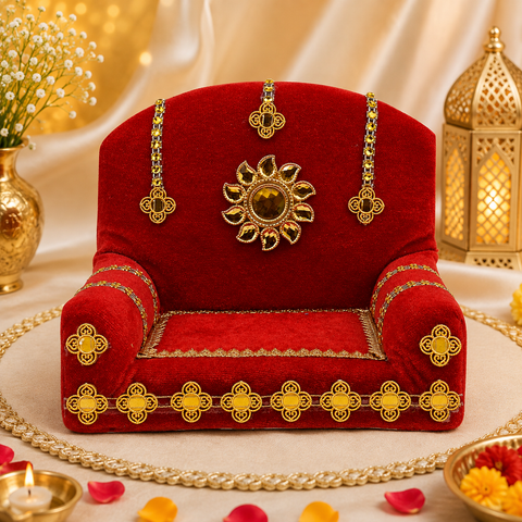 Elegant Handmade Red Velvet Laddu Gopal Singhasan - Small