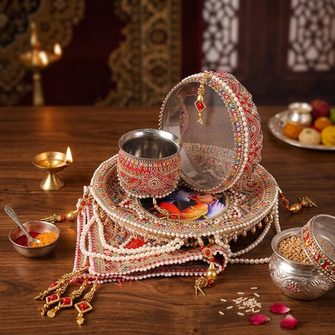 Red Karwa Chauth Thali Set | India’s Largest Pooja Accessories Brand – www.satvikworld.com