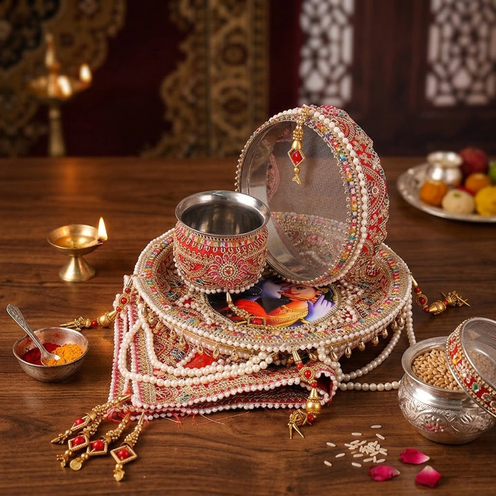 Red Karwa Chauth Thali Set | India’s Largest Pooja Accessories Brand – www.satvikworld.com