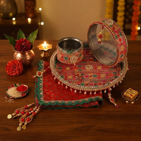 Red Embroidery Karwa Thali | India’s Largest Pooja Accessories Brand – www.satvikworld.com
