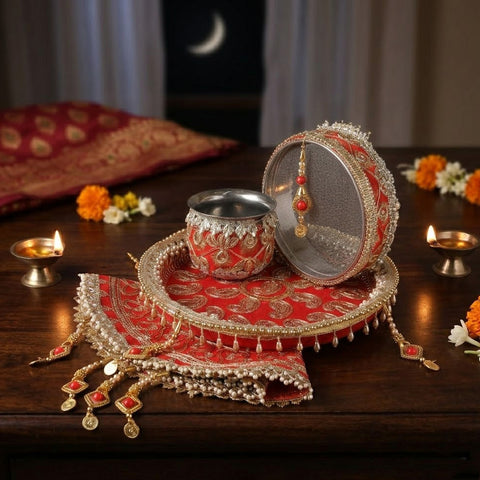 Red Karwa Chauth Thali Set | India’s Largest Pooja Accessories Brand – www.satvikworld.com
