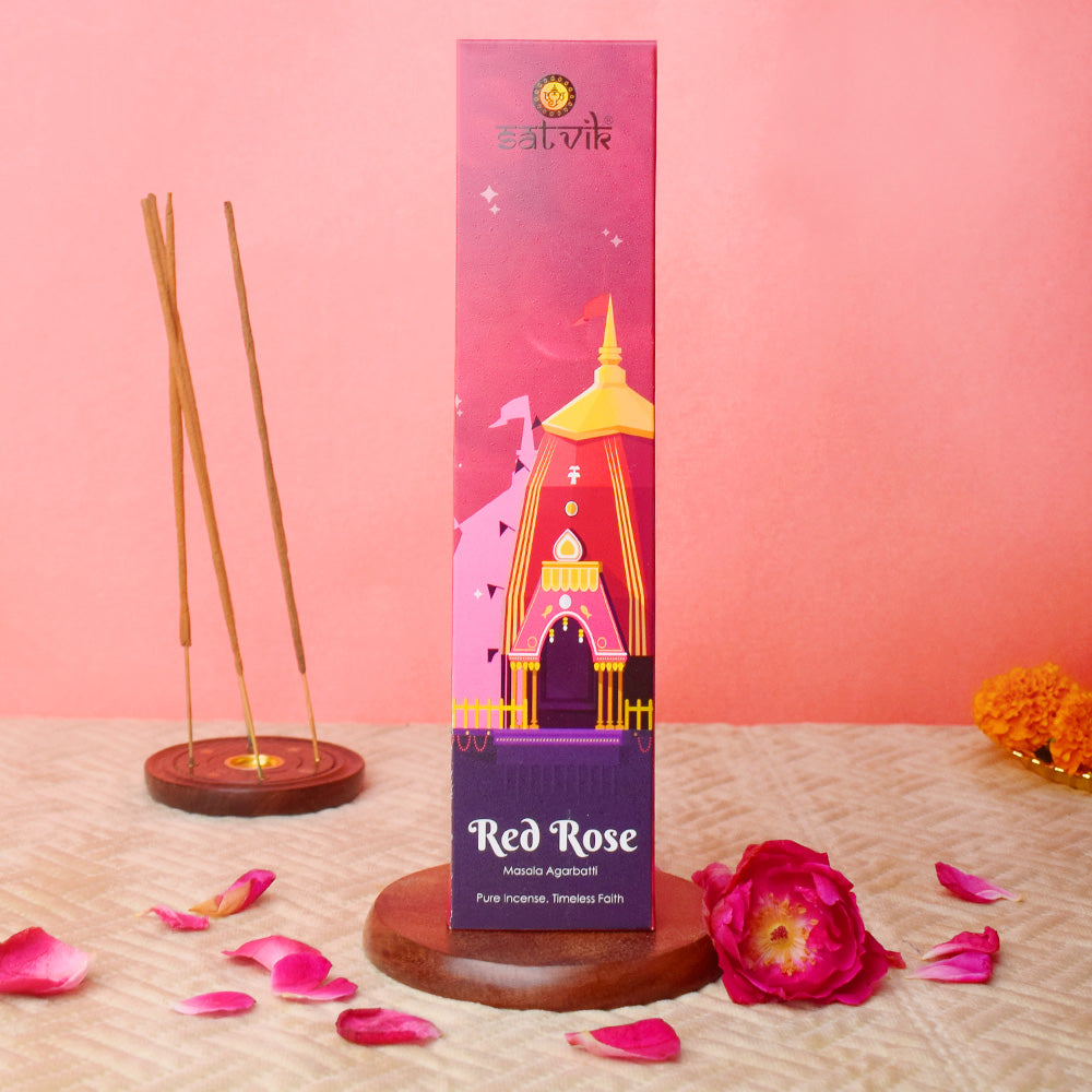 Red Rose Pure Masala Incense Sticks pack for worship, meditation, and natural floral fragrance. India’s Largest Pooja Accessories Brand - www.satvikworld.com