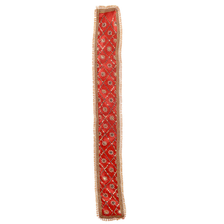 Red printed royal Patka or Angvastra made of soft fabric, featuring traditional patterns, used for religious or cultural ceremonies, folded neatly against a plain background. India’s Largest Pooja Accessories Brand – www.satvikworld.com 