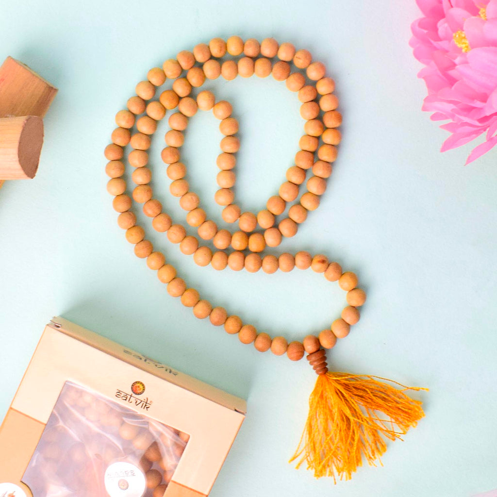 Regular White Sandalwood (Chandan) Jap Mala with 108+1 beads, crafted from premium white sandalwood, perfect for meditation, prayer, and spiritual well-being. India’s Largest Pooja Accessories Brand – www.satvikworld.com