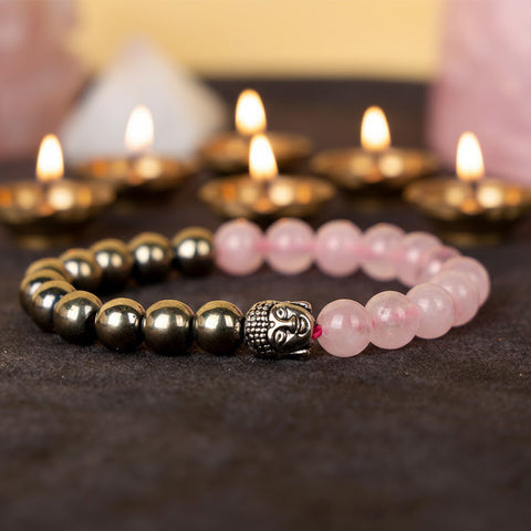 Rose quartz and golden pyrite healing stone bracelet with pink and metallic gold 8mm beads. India’s Largest Pooja Accessories Brand - www.satvikworld.com