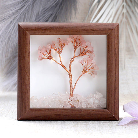Rose quartz healing stone tree with frame for love and harmony. India’s Largest Puja Accessories Brand- www.satvikworld.com