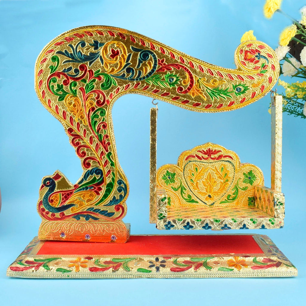 Royal Rajwadi Meenakari Laddu Gopal Jhula – vibrant decorative swing for Bal Gopal, ideal for Janmashtami and temple decor. India’s Largest Pooja Accessories Brand – www.satvikworld.com