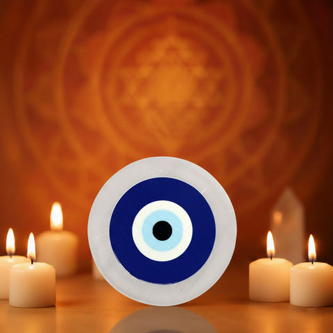 Natural salenite plate with evil eye engraving for energy cleansing. India’s Largest Puja Accessories Brand- www.satvikworld.com
