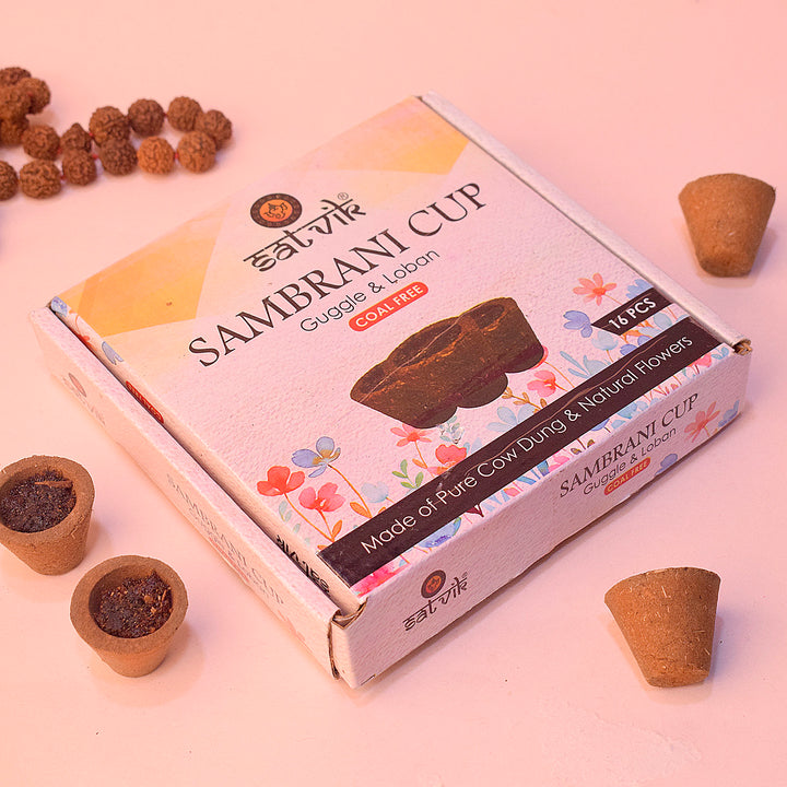 Sambrani Cup with Guggul, Loban, and Flowers (Coal Free) for Natural Fragrance, Purification, and Puja Use. India’s Largest Pooja Accessories Brand – www.satvikworld.com
