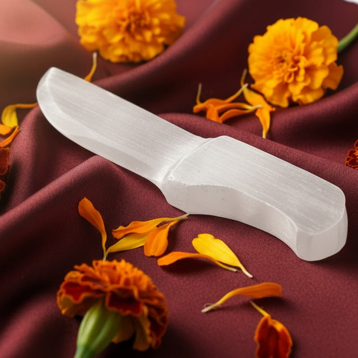 Natural selenite crystal knife for aura cleansing and energy healing. India’s Largest Puja Accessories Brand- www.satvikworld.com