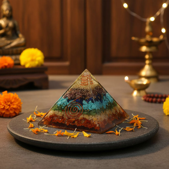 Seven chakra crystal pyramid for chakra balancing and spiritual healing. India’s Largest Puja Accessories Brand- www.satvikworld.com