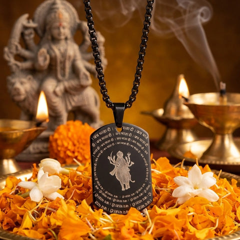 Shree Durga Maa microcarved black pendant with detailed engraving for divine protection. India’s Largest Pooja Accessories Brand - www.satvikworld.com