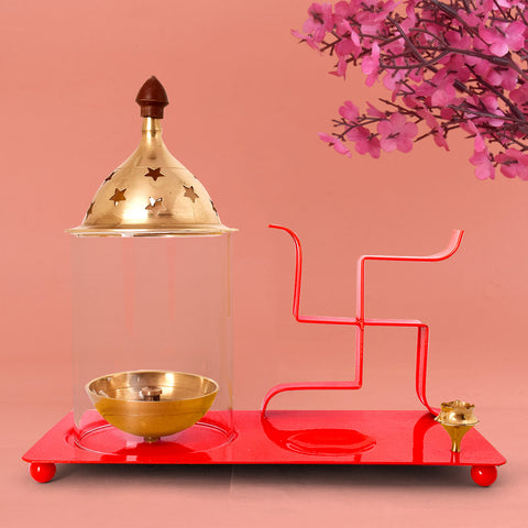 Small red Brass and Metal Swastik Chimney Diya Tray with Incense Holder, ideal for daily pooja rituals and festive decorations. India’s Largest Pooja Accessories Brand – www.satvikworld.com