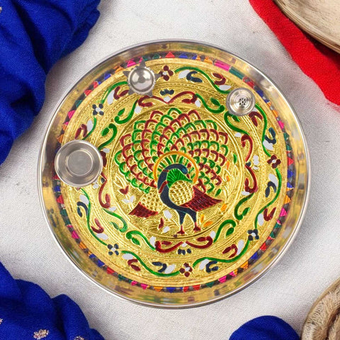 Stainless Steel Printed Pooja Thali Set featuring colorful traditional prints, ideal for daily rituals, festivals, and devotional gifting. India’s Largest Pooja Accessories Brand – www.satvikworld.com