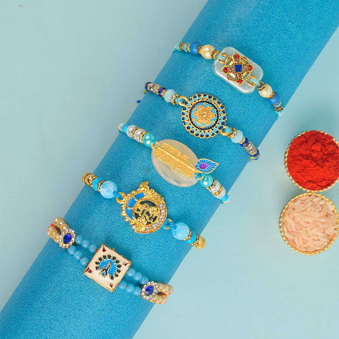 Set of 5 Designer Rakhi Threads with Roli Chawal and Ram Sita Stickers for Raksha Bandhan Celebration. India’s Largest Pooja Accessories Brand - www.satvikworld.com