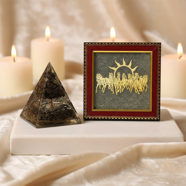 7 horses raw pyrite frame pyrite tree pyramid success strength wealth combo. India’s Largest Puja Accessories Brand- www.satvikworld.com