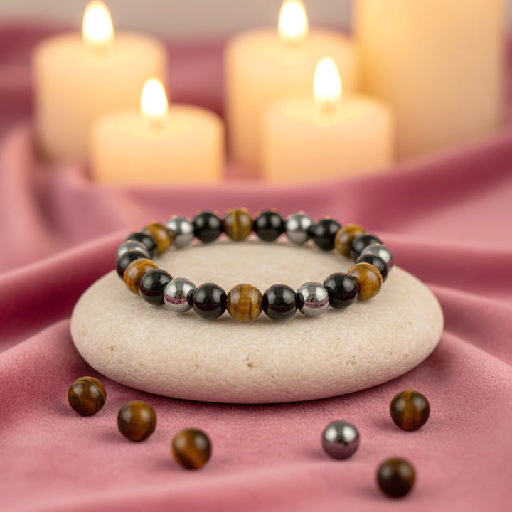 tripal protection healing stone bracelet with black tourmaline tiger eye hematite beads. India’s Largest Puja Accessories Brand- www.satvikworld.com