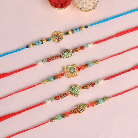 Set of 5 Designer Rakhi Threads with Roli Chawal and Ram Sita Stickers for Raksha Bandhan Celebration. India’s Largest Pooja Accessories Brand - www.satvikworld.com