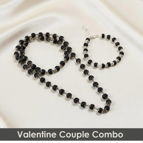 Valentine gift for couples featuring a certified Karungali mala and matching bracelet with silver capping, symbolizing love, protection, and spiritual bonding. India’s Premium Jap Mala Store - www.satvikworld.com