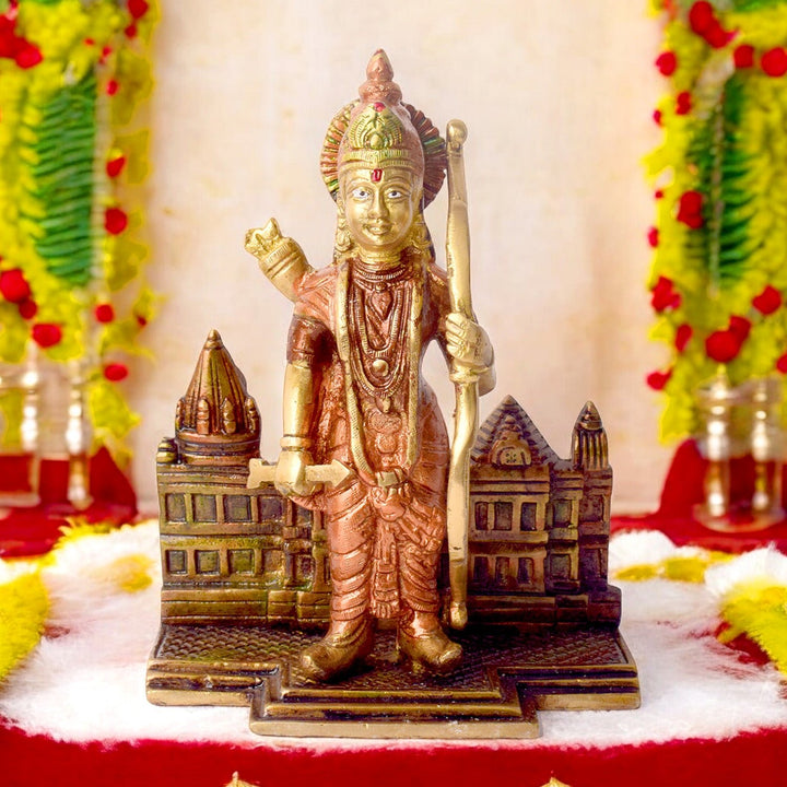 Victorious Brass Ram Mandir/Temple with Lord Ram Idol, Featuring a Majestic Representation of Lord Ram in a Sacred Temple Setting. A Symbol of Strength, Courage, and Righteousness, Ideal for Temple, Pooja, and Home Décor. Perfect for Invoking Divine Blessings, Peace, and Prosperity in Your Sacred Space. India’s Largest Pooja Accessories Brand – www.satvikworld.com