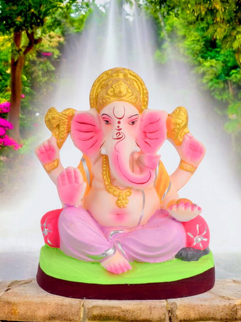 6.5-inch Vighnaharta eco-friendly Ganesha idol crafted from natural clay, showcasing Lord Ganpati in a calm seated posture, ideal for home puja and Ganesh Chaturthi celebrations. India’s Largest Pooja Accessories Brand – www.satvikworld.com