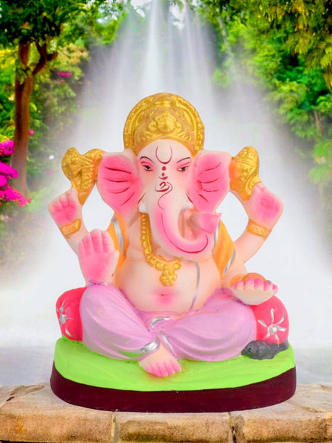 6.5-inch Vighnaharta eco-friendly Ganesha idol crafted from natural clay, showcasing Lord Ganpati in a calm seated posture, ideal for home puja and Ganesh Chaturthi celebrations. India’s Largest Pooja Accessories Brand – www.satvikworld.com