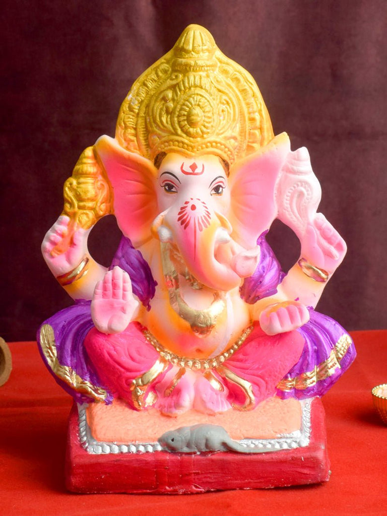 8 Inch Yadhvasin Eco-Friendly Ganesha Idol adorned with purple patka in seated pose, made from natural clay. India’s Largest Pooja Accessories Brand – www.satvikworld.com