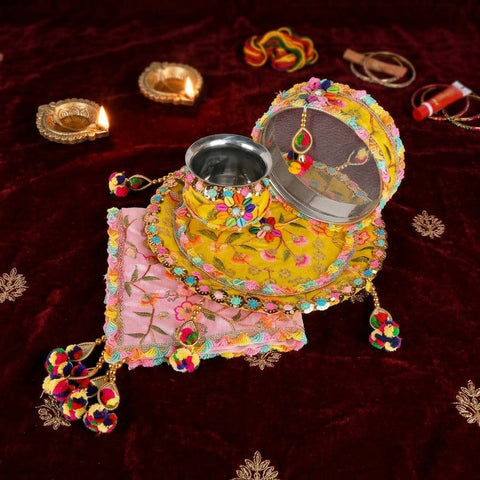 Yellow & Pink Embroidery Karwa Thali | India’s Largest Pooja Accessories Brand – www.satvikworld.com
